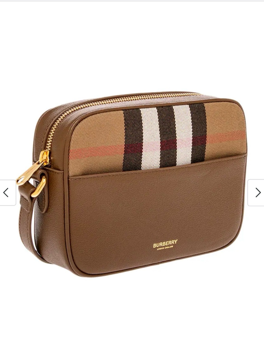 New Burberry Camera Check small brown leather canvas crossbody bag,